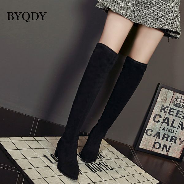 

byqdy flock slim over the knee boots women winter lace openwork chunky heels turned-over edge long thigh high botas, Black