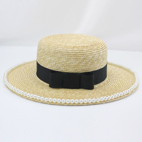 

fine wheat straw boater hat women black ribbon bow wide brimmed dress sun hat elegant pearls flat panama beach ladies summer, Blue;gray