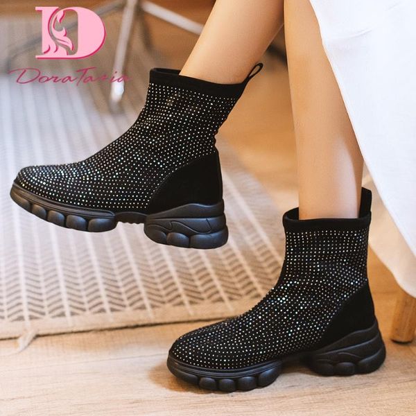 

doratasia new fashion ladies autumn ankle boots flock round toe with crystal boots women 2020 casual office lady shoes woman, Black