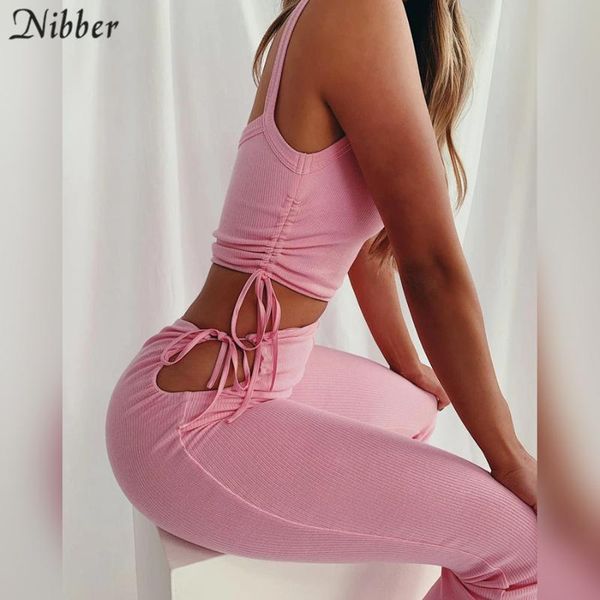 

nibber casual skinny lace up hollow sportsuit women fashion sleeveless stacked crop and high waist slim pants two pieces set