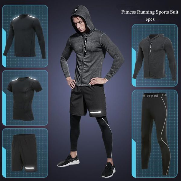 

brand fitness sports suit men gym clothing workout set compression tights quick dry autumn running training sportswear 5pcs/set, Black;white