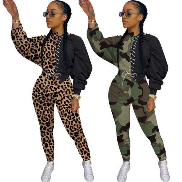 

leopard printed bandage desiger pants suits fashion loose contrast color panelled long sleeve casual suits autumn winter female clothing, White