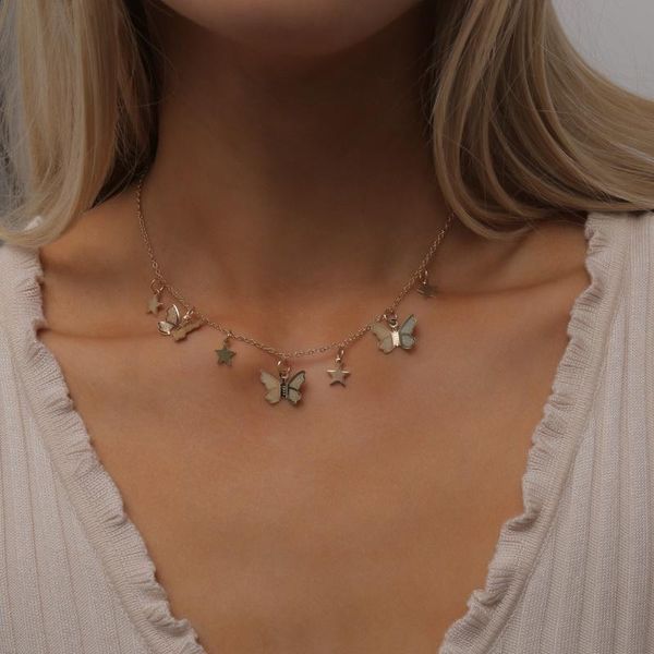 

chains temperament butterfly single-layer clavicle accessories wild five-pointed star tassel necklace party gift ladies fashion jewelry, Silver