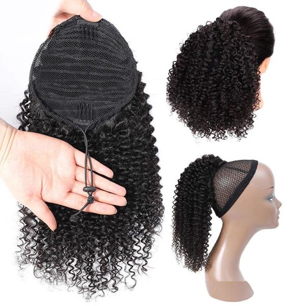 

10-24inch drawstring kinky curly ponytail human hair indian hair extensions pony tail for african american 1piece clip in hair extensions, Black