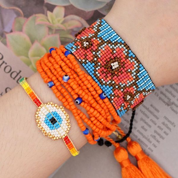 

go2boho bracelet miyuki seed beads women jewelry bracelets rainbow evil eye flower pattern adjustable tassel pulsera wholesale, Golden;silver