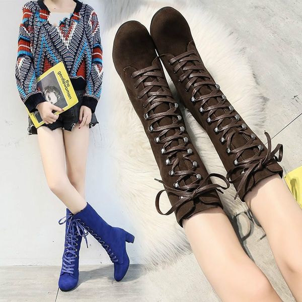 

2020 winter women's boots fashion lace-up square heel mid-tube suede boots round toe high heel mid-calf zapatos de mujer, Black