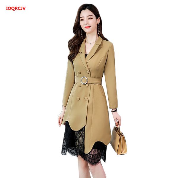 

women's trench coats coat spring fashion lace stitching long outerwear slim lady windbreakers with belt w1942, Tan;black