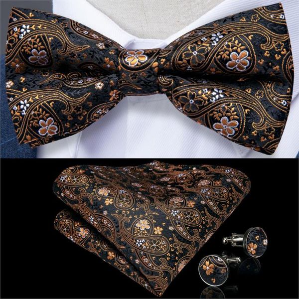 

black gold paisley designer self bowtie for men silk butterfly men tie hanky cufflink suit collar removable necktie dibangulh122, Black;gray
