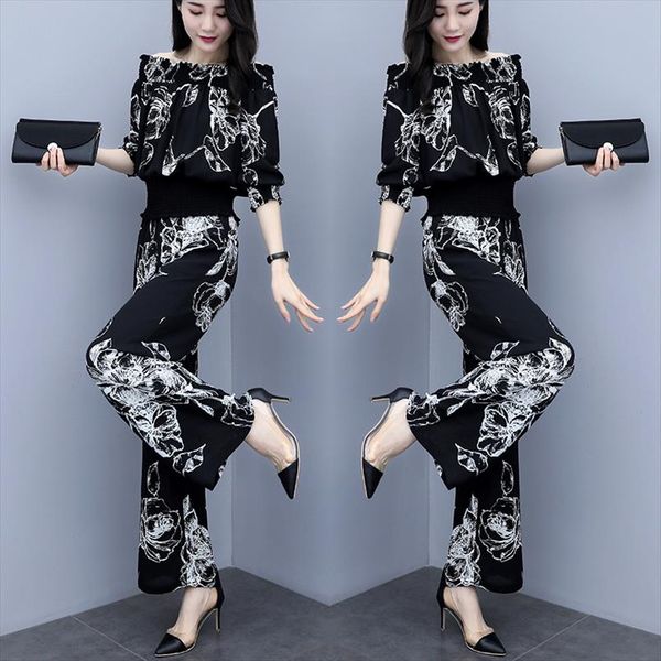

three quarter sleeve elastic slash neck women and wide leg full pants floral print elegant vintage summer women sets, Gray