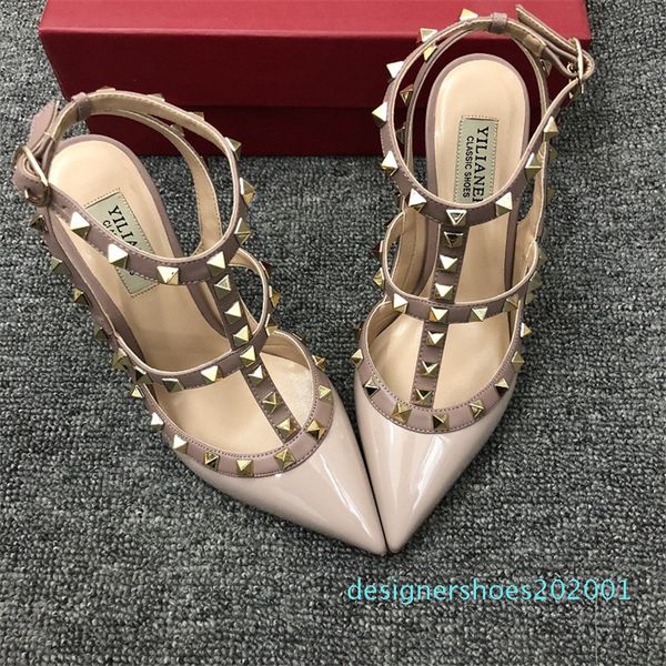 

real p fashion women pumps lady red nude patent point toe studded spikes slingback strappy shoe pumps stiletto heels party d01, Black
