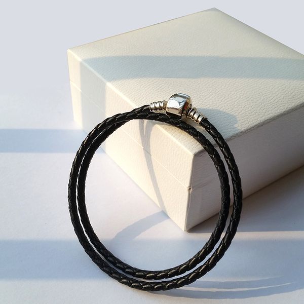 

fashion womens 925 sterling silver real black double layer leather bracelet fit pandora charms beads jewelry men mens bangle bracelet, Golden;silver