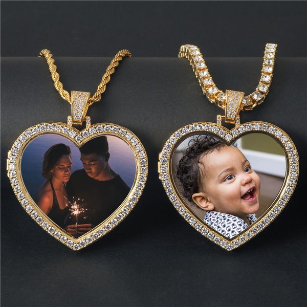 

pendant necklaces custom bling heart po medallions necklacependant copper with tennis chain gold color cubic zircon men's hip hop jewel, Silver