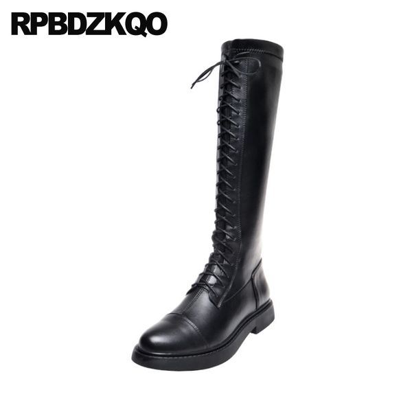 

knee high genuine leather tall fur autumn shoes round toe women boots winter 2020 lace up fall flat quality black long custom