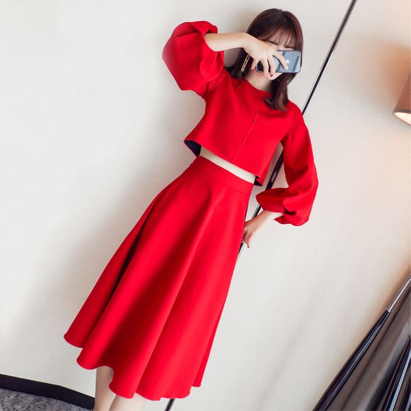

korean ladies elegant red two piece set women's lantern sleeve loose short + long skirt 2 piece set evening dress suit, Gray