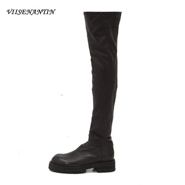 

2020 new stovepipe over-the-knee fashion women's boots thick-soled low-heeled high flat-bottomed leather thin stretch boots, Black