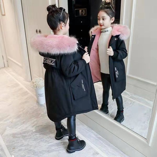 

kids thick parka big fur collar hooded long outerwear 4-14y fashion children winter down jacket girl warm coats clothing c0924, Blue;gray