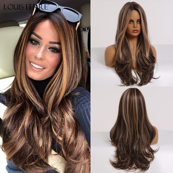 

long black brown gloden honey wavy wig with highlights cosplay synthetic wigs women heat resistant middle part wigs