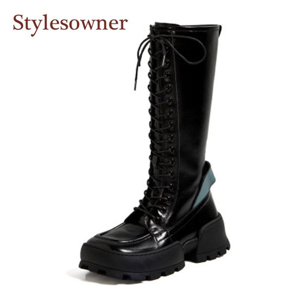 

trendy long knight boots women's new genuine leather squaretoe strap high-martin boots women's thick-soled knee-length, Black
