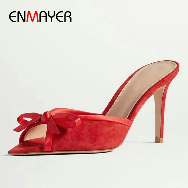 

enmayer flock solid butterfly-knot fashion women slides 2020 summer outside women shoes thin heels 2020 slippers 34-43, Black