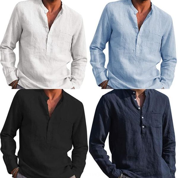 

2020 long sleeve v-neck casual beach linen 2020 men's long sleeve v-neck casual beach linen clothing shirt shirt men's clothing rn, Blue