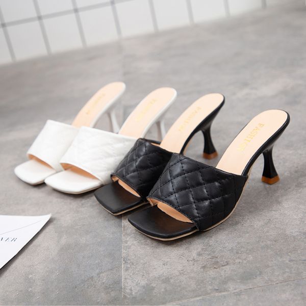 

2020 new summer women square toe slides ladies pu leather plaid outside thin high heels slippers female fashion woman shoes, Black