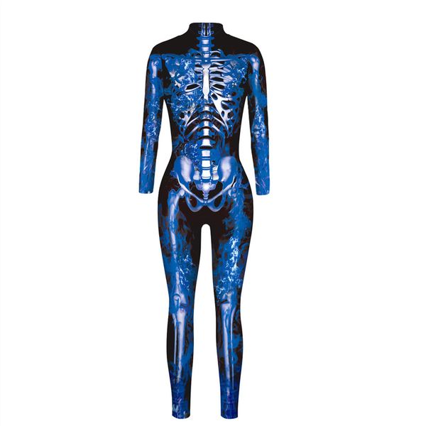

2020 new products halloween skull digital print long sleeve jumpsuit skinny cropped pants party stage performance clothes blue, Black;red