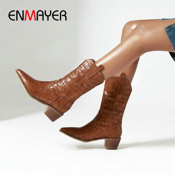 

enmayer 2020 winter boots women slip-on mid-calf boots square heel pu pointed toe short plush basic women shoes size 34-43, Black