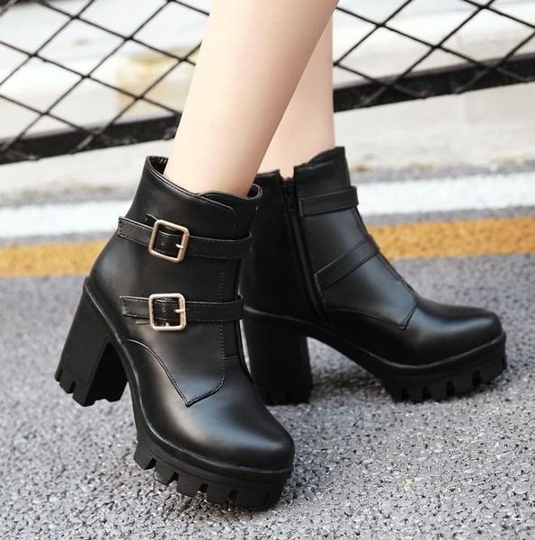 

мода сапоги плюс размер 33 34 40 41 42 43 люкса белых черные каблуков пряжка коренастого мотоцикл пинетка придите с коробкой, Black