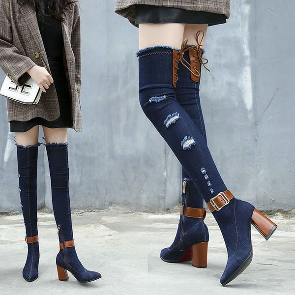 

women denim jean boot ladies shoes women over knee zipper boots thigh high boots square heel buckle mujer pumps, Black