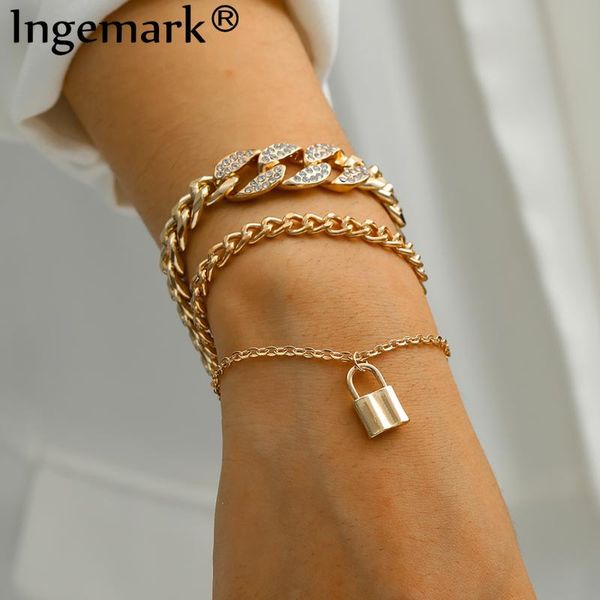 

vintage punk crystal lock pendant bracelets set for women men summer beach crystal rhinestones bangle charm friends hand jewelry, Black