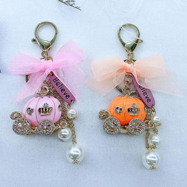 

cute women pumpkin faux pearl rhinestone keychain key holder hanging ornament, Silver