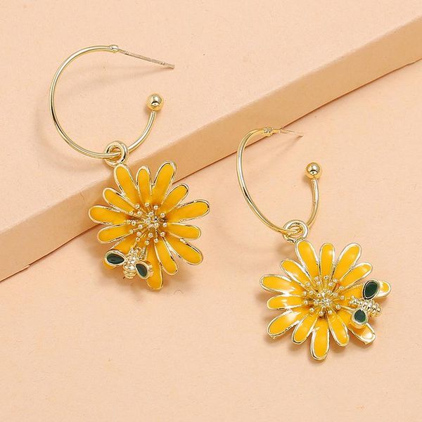 

ins gold yellow enamel daisy flower bee hoop earrings korean women party jewelry, Golden;silver
