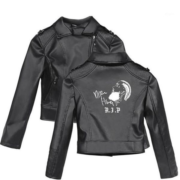 

leather jacket plus size long sleeve female coat teenager style nipsey hussle pattern print with zipper, Black