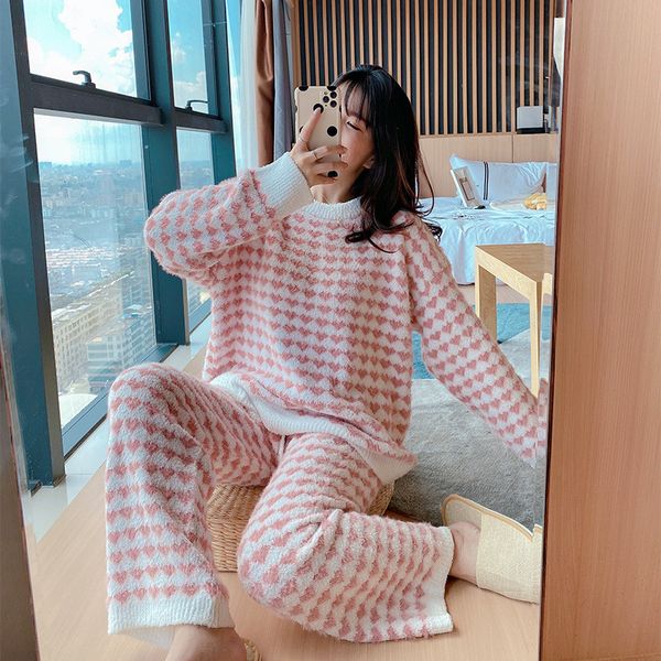 

cute mink sleepwear women loose sleepwear soft pajamas home service spring autumn pajamas two piece suit, Black;red