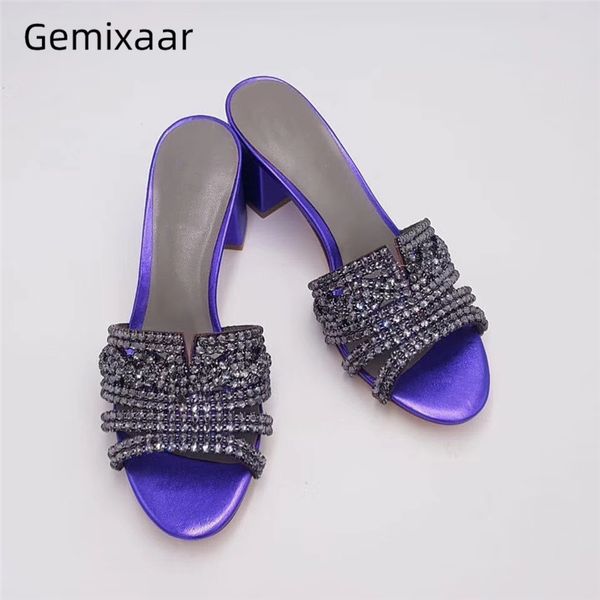 

genuine leather spring summer runway shoes woman med heel open toes jeweled rhinestone slip-on slippers women, Black