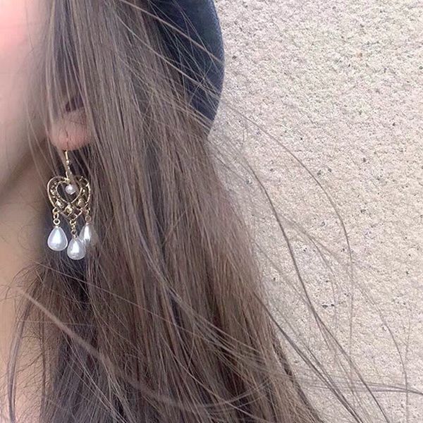 

2020 vintage baroque golden metal love heart shaped pearl tassel kolczyki earrings for women girls egirl party jewelry, Silver