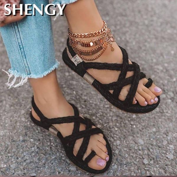 

2020 ladies sandals round toe slip-on woven rope knots beach casual roman shoes braided knots casual beach slippers, Black