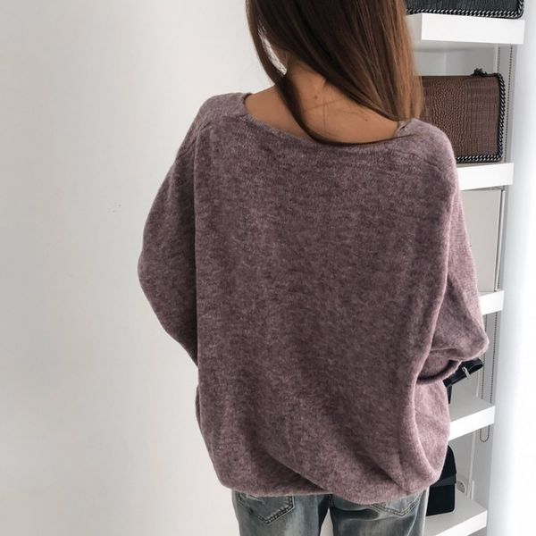 

blackday women autumn winter solid color long sleeved v collar sweater loose bottom sweet sweater knit sweater new, White