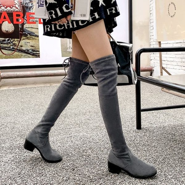 

pxelena large size 34-43 women autumn faux suede slim thigh high boots chunky heels round toe fashion over the knee boots shoes, Black