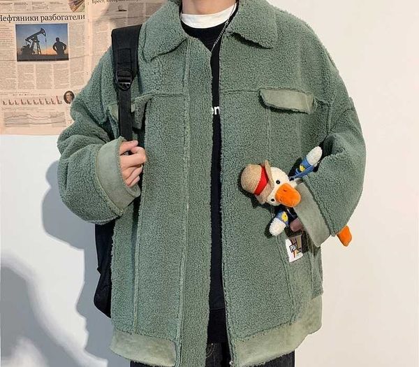 

winter new lamb hair jacket men's warm fashion parka men solid color casual lapel coat man streetwear wild loose cotton jacket, Black