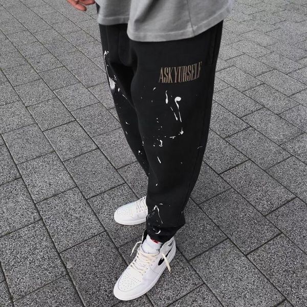 

20fw askyyurseelf pants handmade ink letter sweatpants outdoor sport solid fashion man women fashion highstreet hip hop hflskz147, Black
