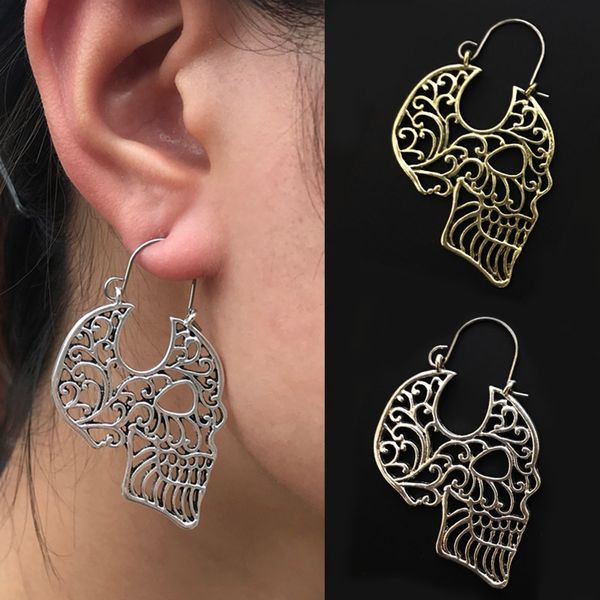

sugar skull hollow skull tribal brass hoop earrings mandala earrings jewelry, Golden;silver