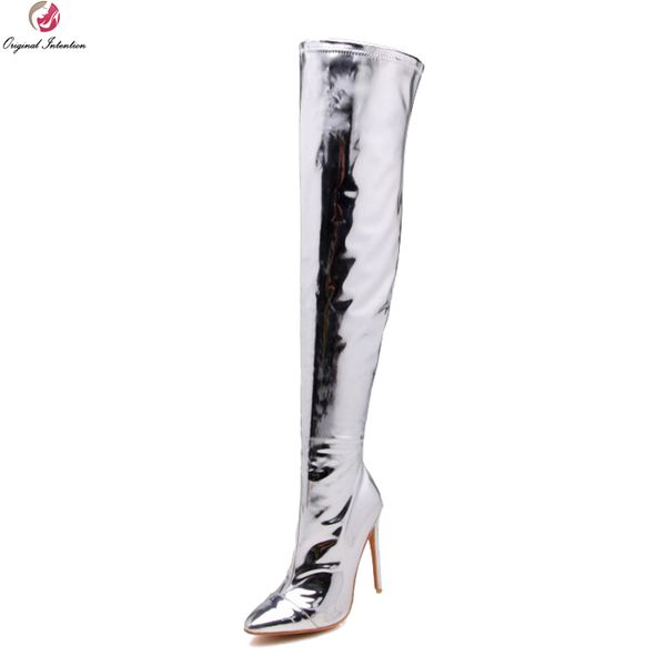 

original intention women thigh high boots fashion pointed toe high heels boots silver ladies shoes woman plus us size 3-16, Black