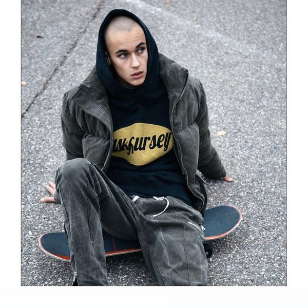 

heavy fabric hoodie men women 1 vintage yellow embroidered pullover, Black