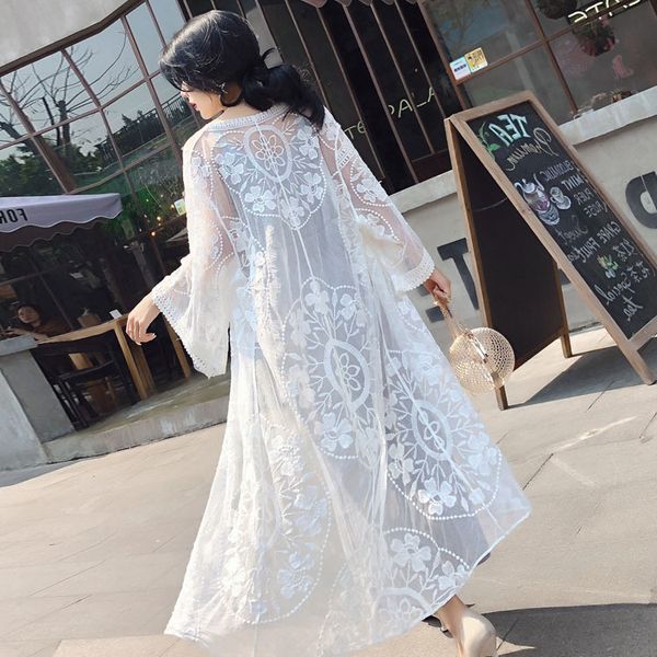 

women's swimwear sun blocking clothing korean-style mid-length shawl lace gauze seaside holiday air conditioner cardigan, White;black