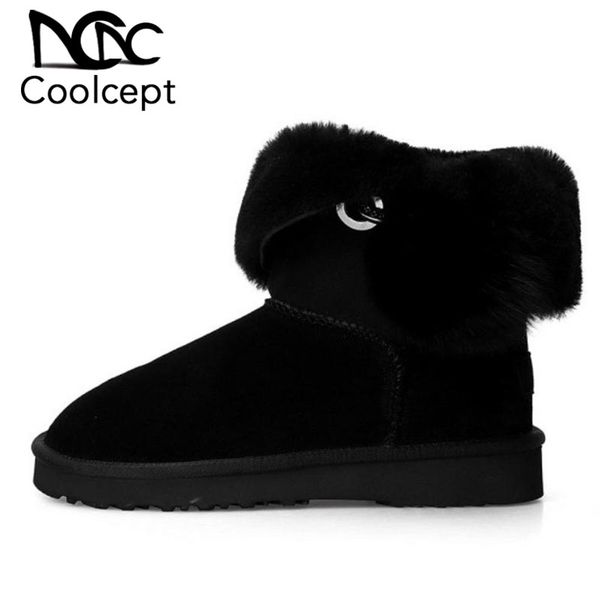 

coolcept women snow boots real leather plush fur warm shoes women winter ankle boots fashion fur lady flats footwear size 34-43, Black