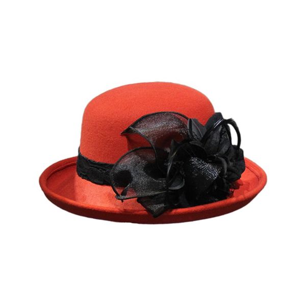 

women retro faux felt wide brim bucket hat elegant solid color detachable feather flower wedding winter autumn bowler cap, Blue;gray