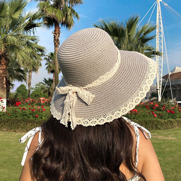 

wide brim hats summer women's lace bow straw outdoor travel beach, Blue;gray