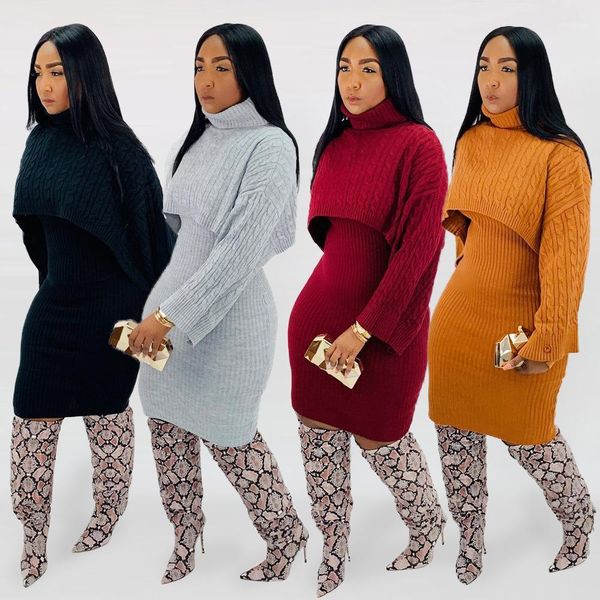 

long sleeve solid color stand collar fashion style female clothing womens autumn designer 2pcs sweaters dresses, White