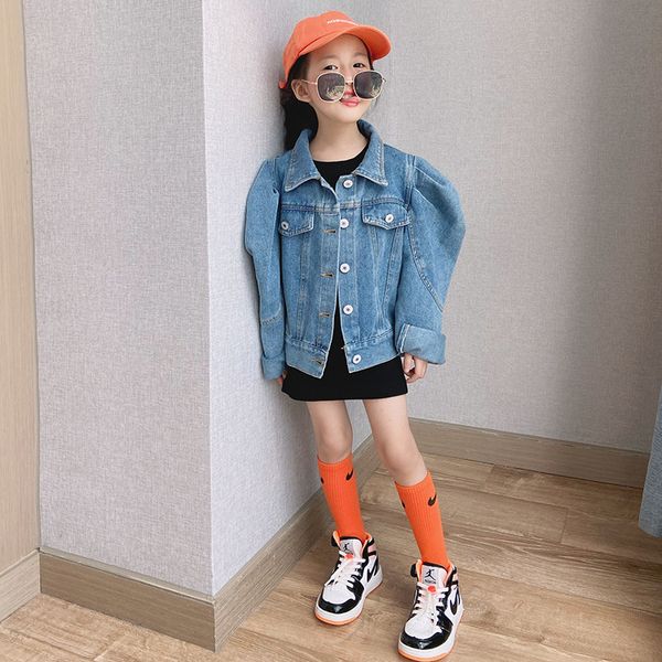 

fashion new kids puff sleeve cowboy outwear children single-breasted denim jacket girls casual denim a3998, Blue;gray